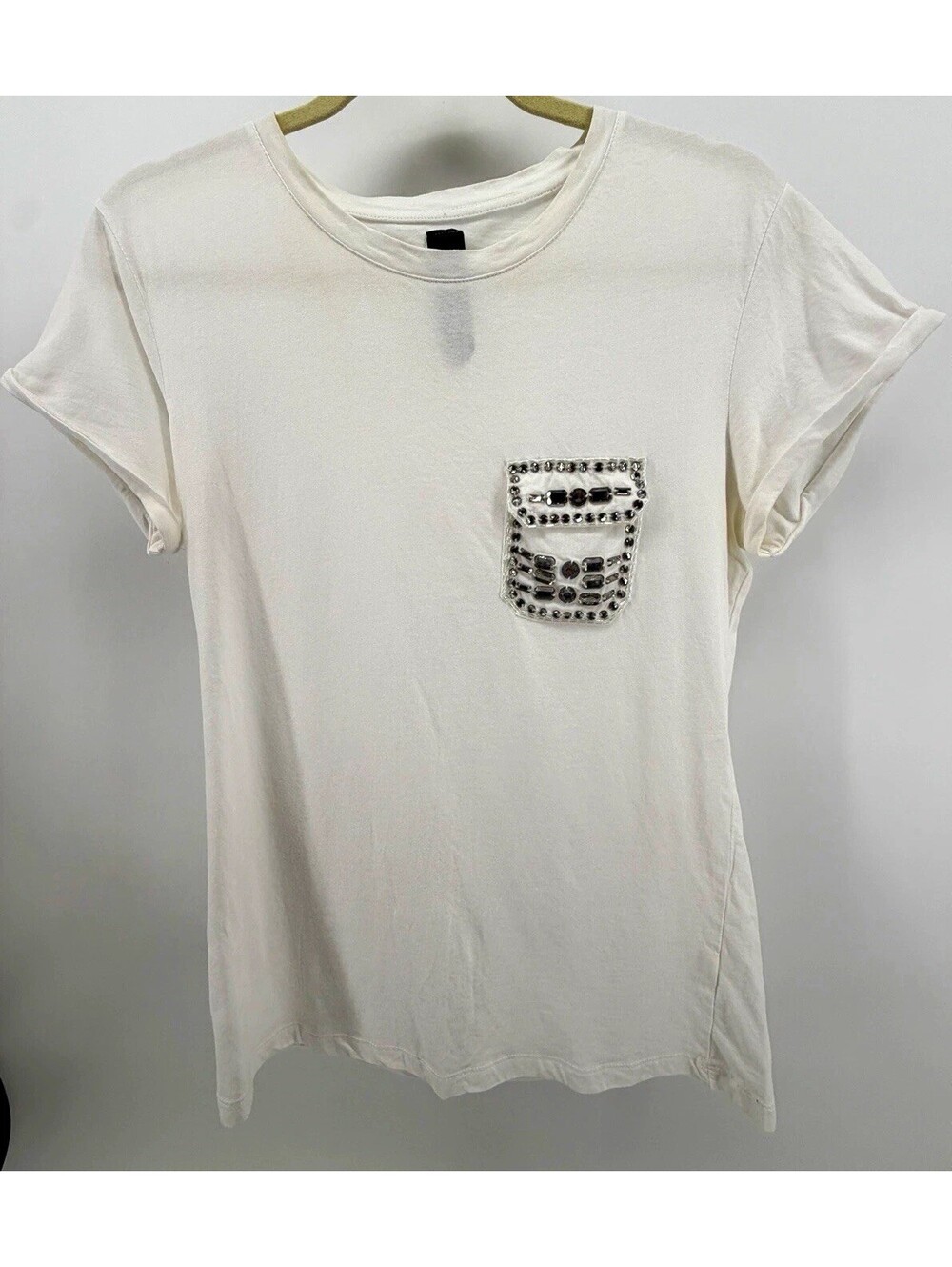 Zara Women’s White Knit Cotton Crew Neck Tee Beaded Rhinestone Size L